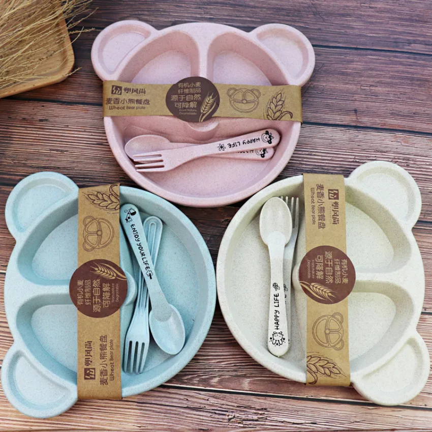 Baby bowl spoon fork Feeding Food Tableware Set Cartoon Bear Kids Dishes Eating Dinnerware Anti-hot Wheat Straw Training