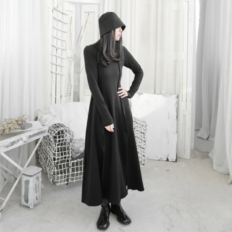 

Autumn women's new slim slits design sense semi-high collar A version dress fashion trend temperament long sleeve dress