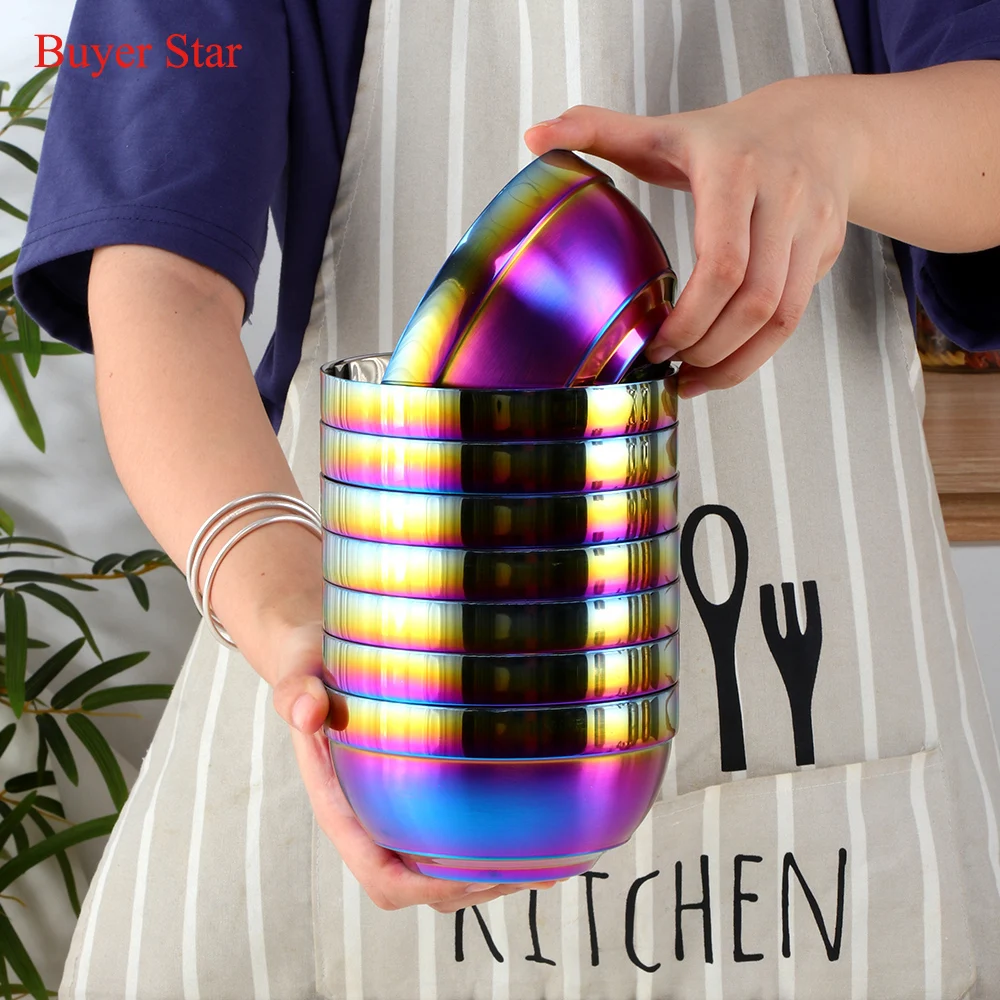 1/4PCS Stainless Steel Gold Round Bowl Rice Soup Double Hot Insulation Container Bowl Kitchen Tableware for Adult Children