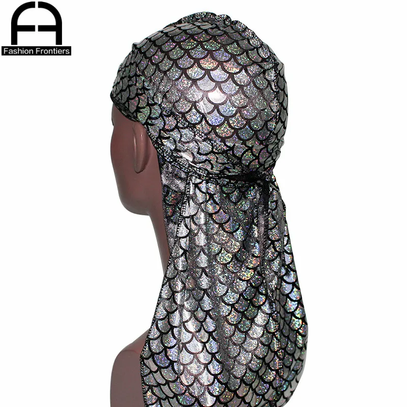 Unisex Men Reflective Fish Scale Silk Durag Long Tail Straps Waves Bandana Hat Turban Do Du Rags Shiny Silky Durags