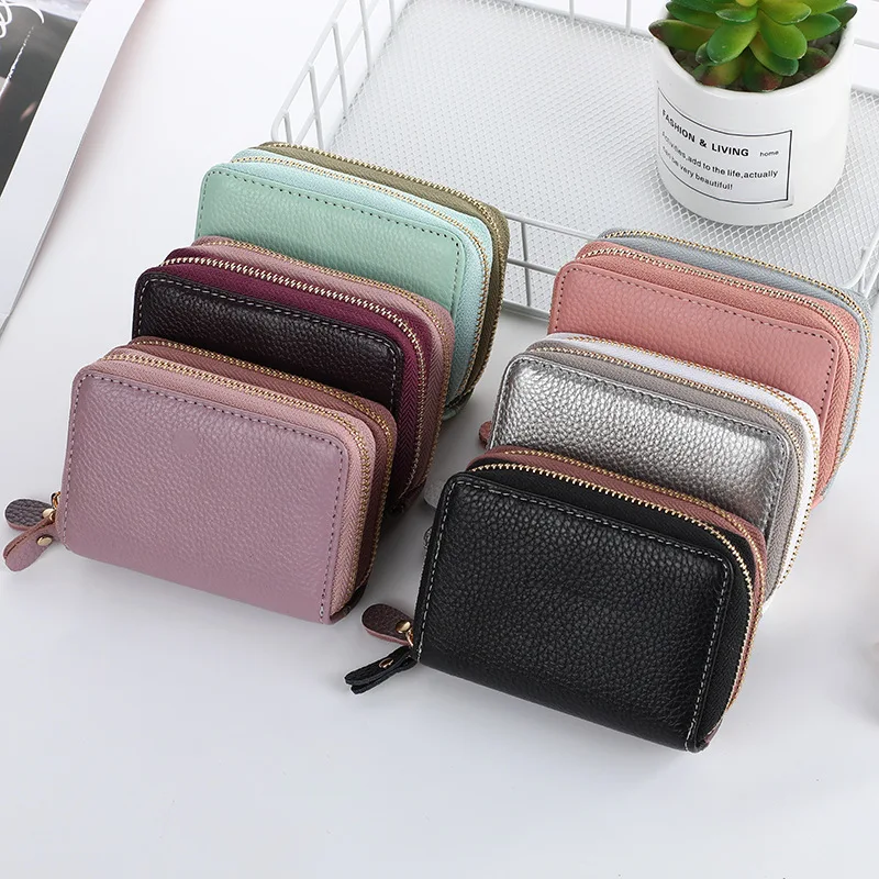 1PC Genuine Leather Casual Business Card Holders Double Zipper Women Men Wallet Passport Bag Case Fashion Unisex Cion Purse