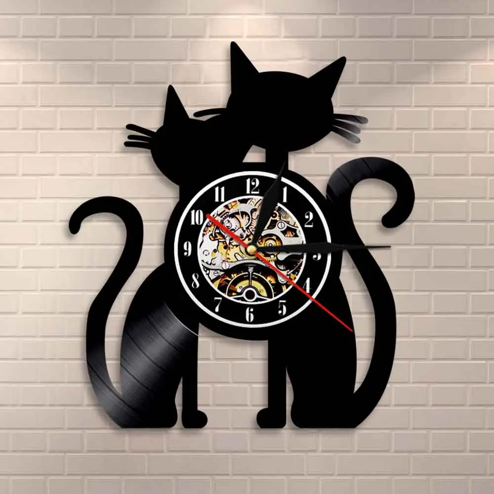 Couple Cats Vinyl Record Wall Clock Modern Design Kitty Animal 3D Wall Watch Peeping Cat Wall Clock Unique Gift For Pet Lover