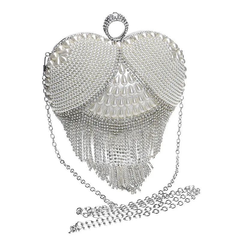 GLOIG heart design women evening clutch small beaded rhinestones finger ring metal evening bags tassel diamonds party handbags