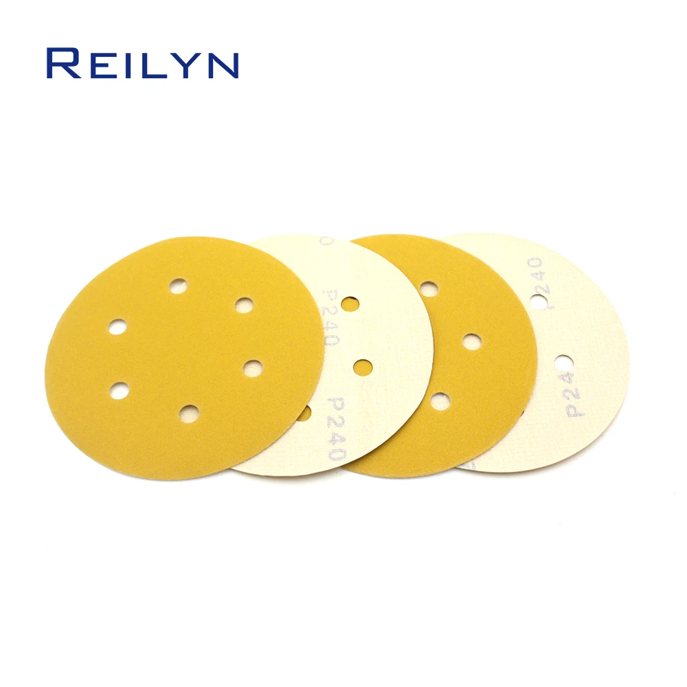 10pcs 5 inch Sandpaper Wheel 125mm 6 Hole Yellow Flocked Self Adhesive Sandpaper Polishing Pad Metal Wood Sanding Disc