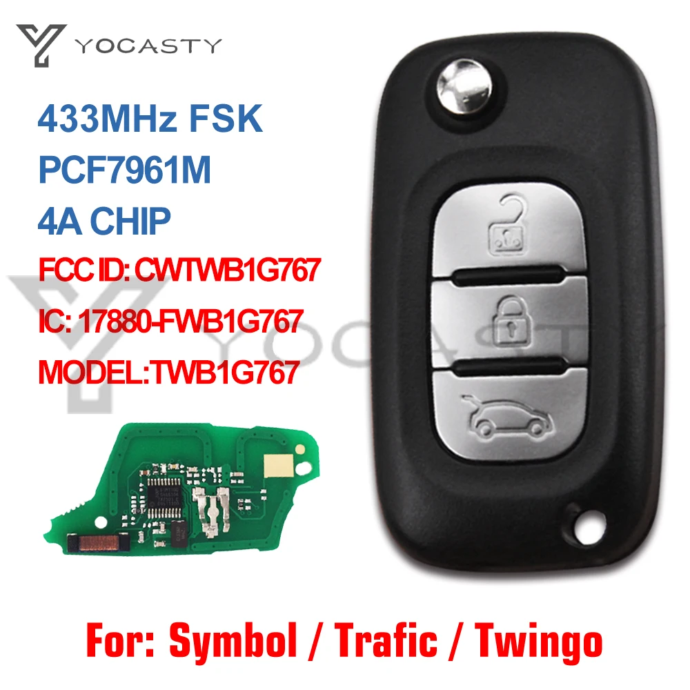 

YOCASTY 3 Buttons 4A Chip Remote Flip Key For Renault Megane III Twingo 2012 2013 2016 CWTWB1G767 17880-FWB1G767 433MHz PCF7961M