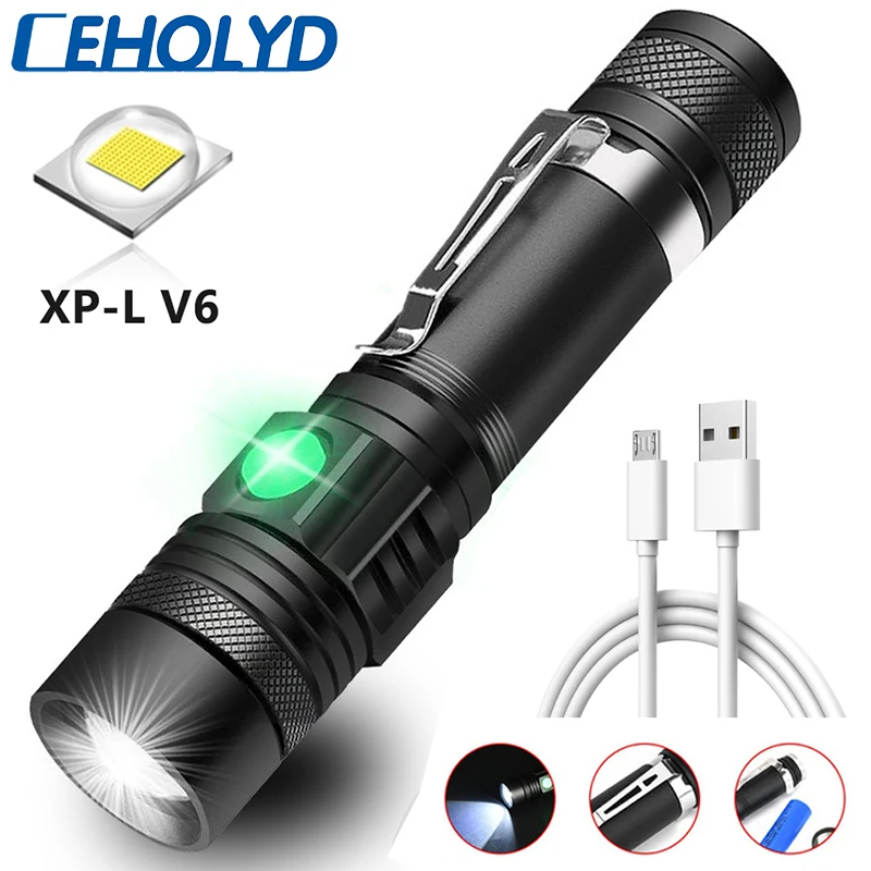 Ultra Bright LED Flashlight With XP-L V6 LED Lamp Beads Waterproof Torch Zoomable 4 lighting Modes Multi-function USB Charging