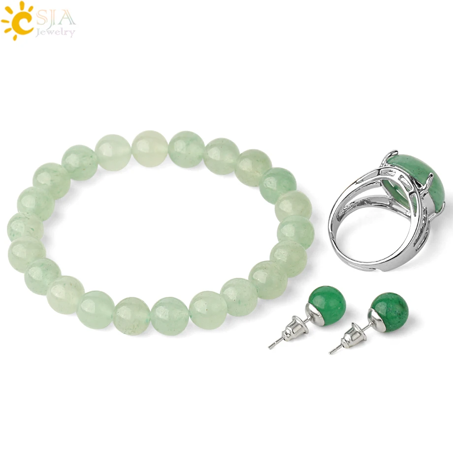 CSJA Natural Stones Jewelry Sets Healing Pink Quartz Purple Crystal Green Aventurine Stud Earrings Bracelets Ring for Women G369
