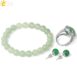 CSJA Natural Stones Jewelry Sets Healing Pink Quartz Purple Crystal Green Aventurine Stud Earrings Bracelets Ring for Women G369