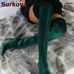 Surkova stivali alti alla coscia in velluto verde scuro punta a punta sottile tacco alto stivali sopra il ginocchio stivali discoteca donna scarpe da festa