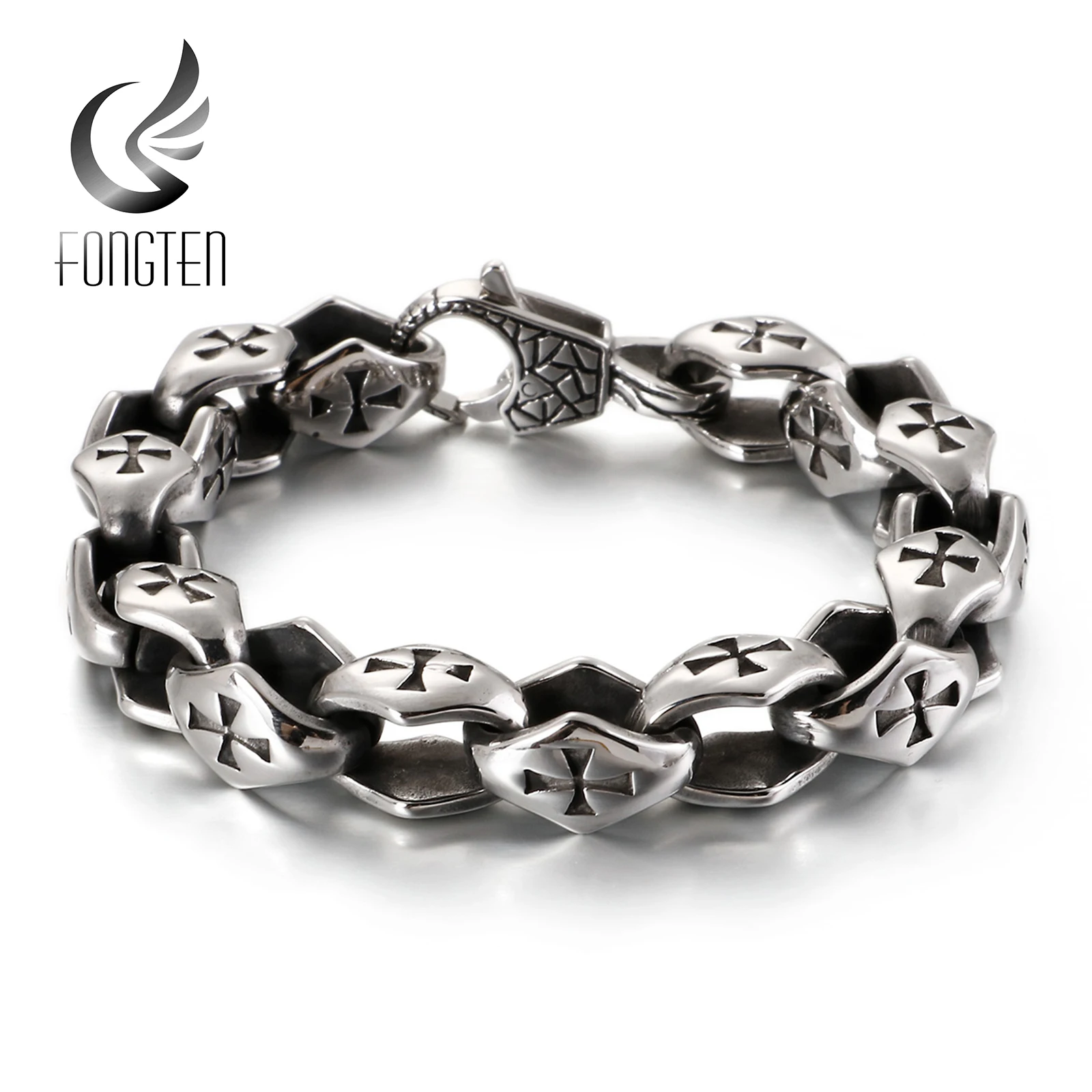 Fongten Smooth Cross Bracelet For Men Silver Color Stainless Steel Charm Bangle Chain Bracelet Hip Hop Male Jewelry Wholesale