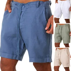 Men's Shorts Thin Cotton Linen Trousers Breathable Linho Short Pants Male Buttons Lacing Waist Pockets Beach Board Britches