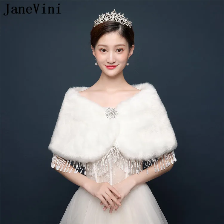 

JaneVini Elegant Tassel Fur Stole Beaded Cape Bridal Wrap Shawl for Wedding Party Etole Mariage Femme White/Red Women Bolero