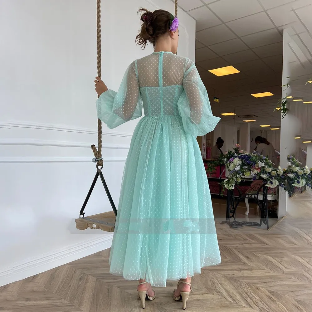 Vestido De Noiva Dotted Tulle Prom Dresses O-Neck Long Puff Sleeves Illusion A-Line Buttoned Top Tea-Length Evening Party Gown