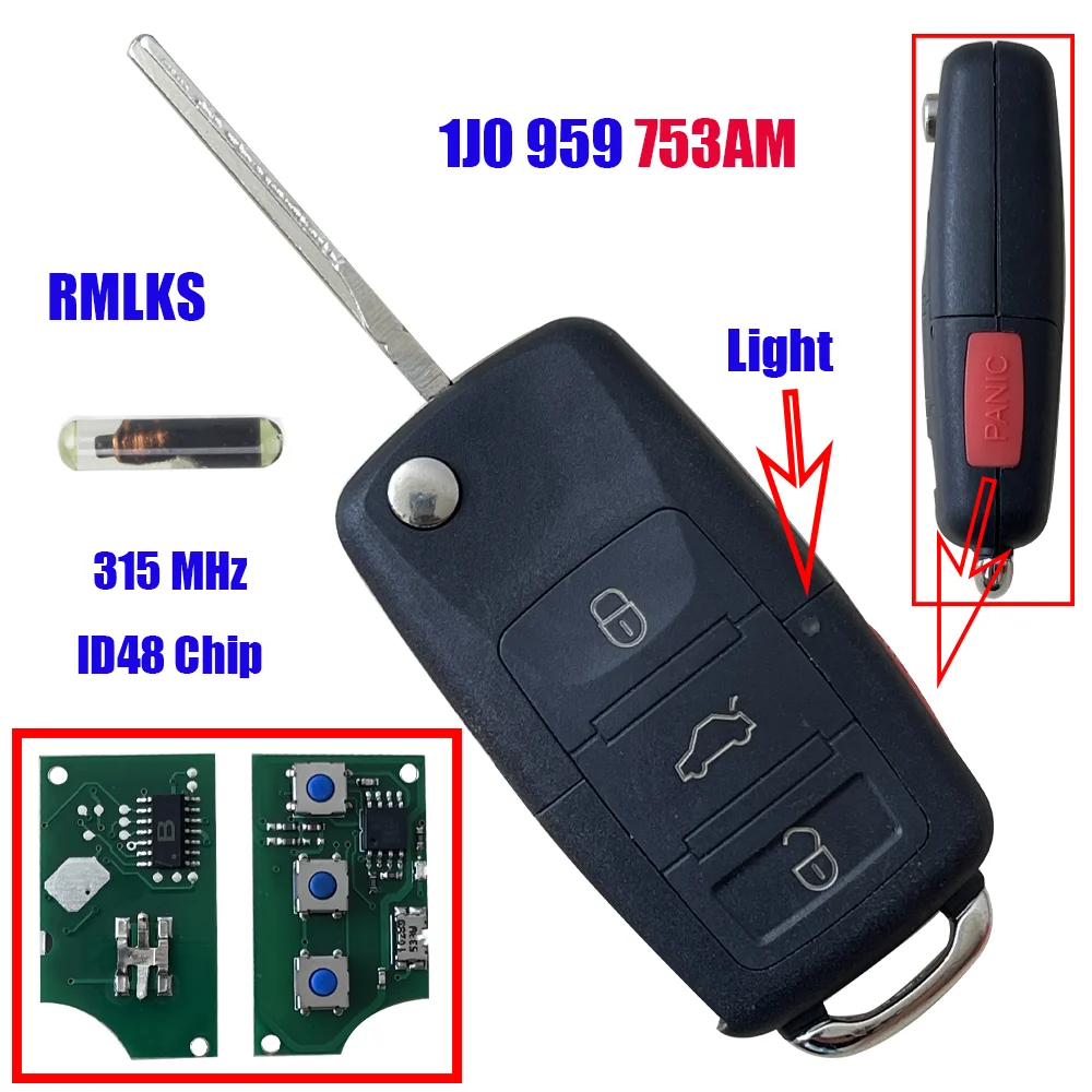 

1J0959753AM Car Remote Key 315MHz ID48 Chip for VW VOLKSWAGEN Beetle Golf Passat Jetta 1J0 959 753 AM With ID48 Chip