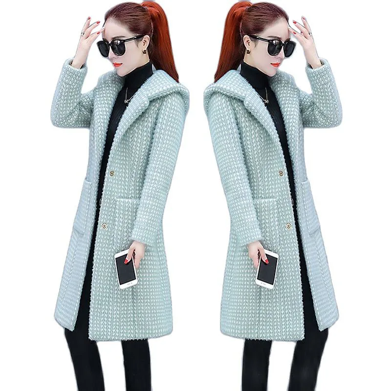 

Women Imitation Mink Velvet Coat 2021Fall Winter Hooded Woolen Overcoat Female Thick Warm Wool Jacket Ladies Fashion Coat D1603