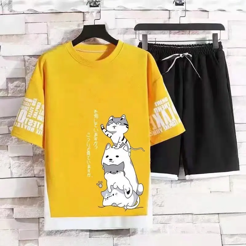 Set da uomo di moda giapponese t-shirt + pantaloncini a maniche corte da cartone animato set da 2 pezzi abbigliamento Casual da uomo estivo Streetwear tuta da uomo