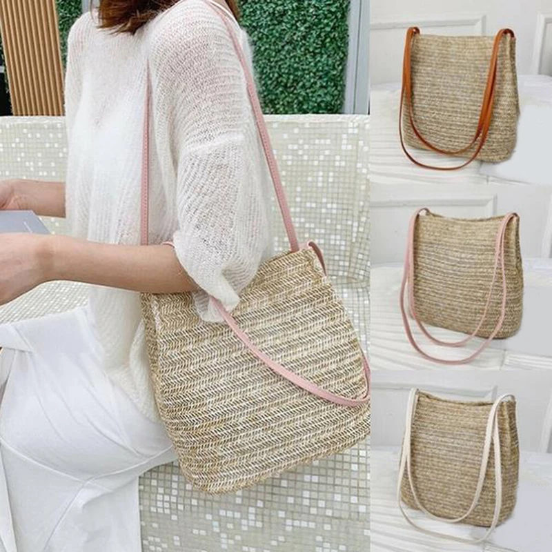 

Popular Large Basket Handbag Straw Weave Women Straw Woven Bag 100% Natural Shoulder Bags Casual Tote Fashion