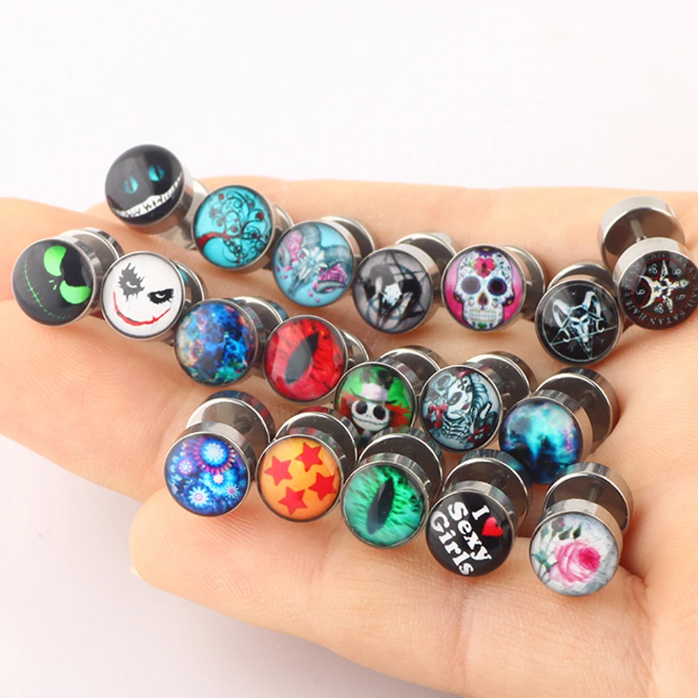 JUNLOWPY Screw Ear Studs Tragus Earrings for Men Women Steel Cheater Fake Ear Plugs Gauges Illusion Tunnels 100pcs mix 25 Logos