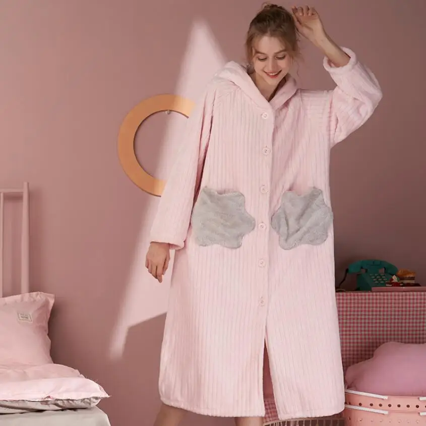 

2020 Winter Women's warm robe Home clothes for female Hooded nightgown Cardigan Sleepwear lovely girls Phoentin FG255