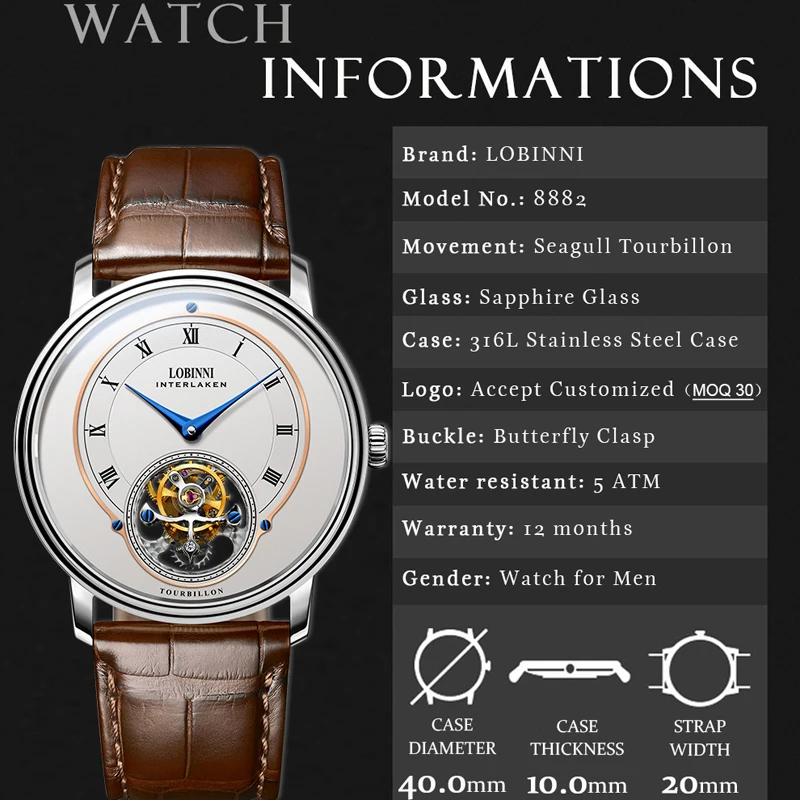 LOBINNI Роскошные мужские механические часы с настоящим турбийоном, корпус из нержавеющей стали 316L, двухсторонние водонепроницаемые часы с сапфировым стеклом