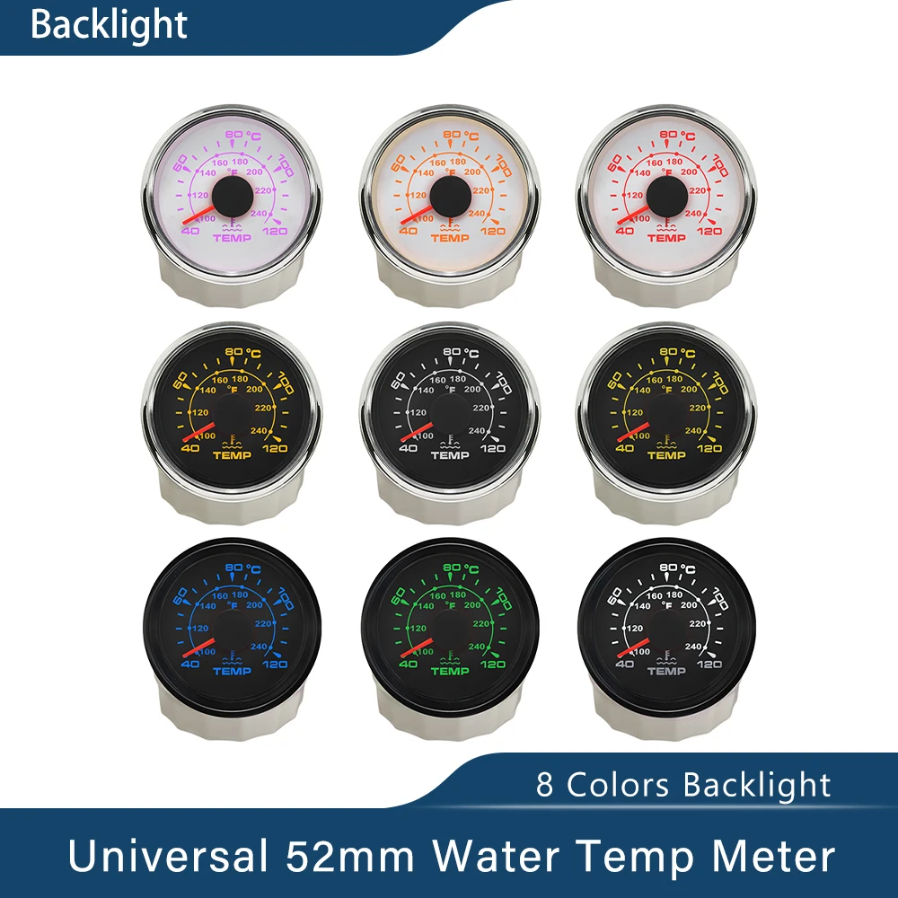 ELING 52MM Water Temperature Gauge Temp Meter for Car Motorcycle RV Yacht Boat with 8 Colors Backlight Universal 12V 24V