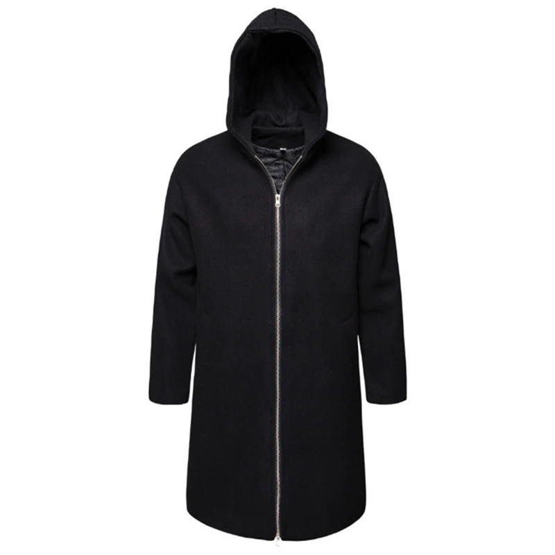 Trench Coat Men Zipper Hooded Long Woolen Coat Mens Clothing Long Jackets & Coats British Style Overcoat Europe/US Size M-XXL