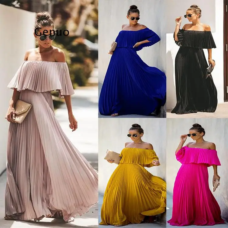 Off Shoulder Chiffon Dress Women Summer Dress Ruffle Pleated Long Dress Casual Solid Elegant Holiday Loose Beach Dress