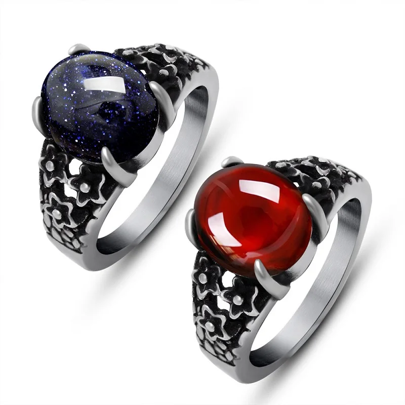 

Retro Flower Red / Blue Gem Stone Ring Silver Color Titanium Steel Ring Couple Commitment Ring Fashion Jewelry Anniversary Gift