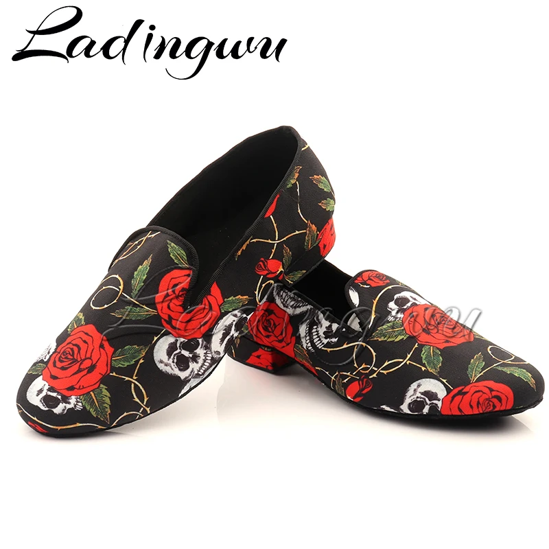 Ladingwu Men\'s Dance Shoes Latin Professional Sneakers Ballroom Dance Shoes Holloween Skull Denim Doodle Men Tango Salsa Dance