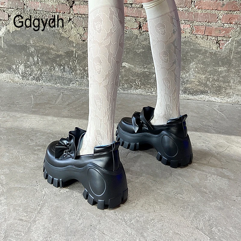 Gdgydh Pleated Designer Women Outdoor Thick Bottom Sneakers Shoes Black 90sfashion Punk Rock Platform Loafer Shoes Woman College