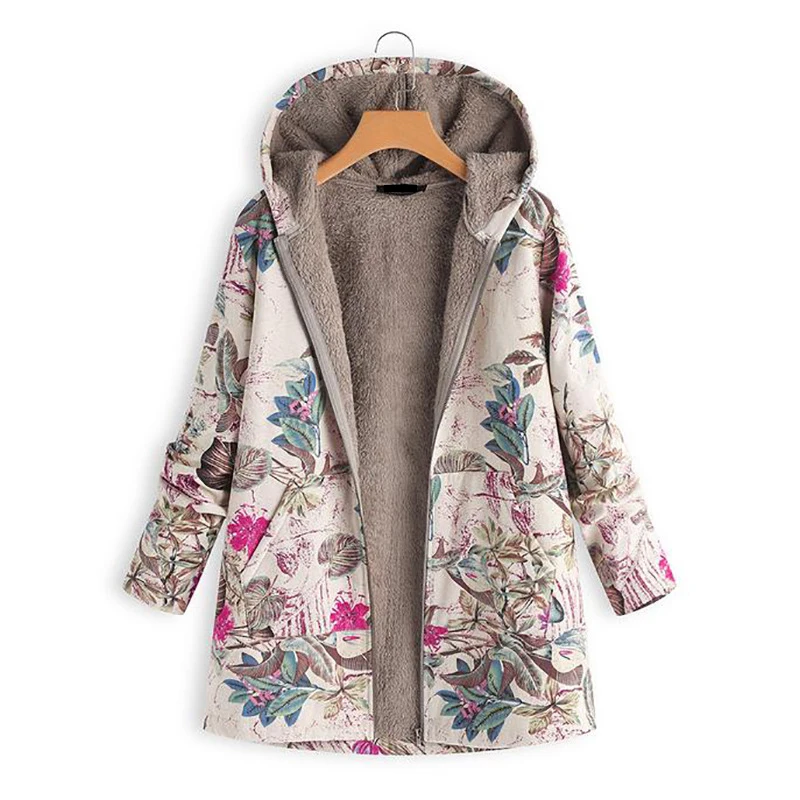 Women Winter Warm Floral Hooded Jacket 2022 Flower Print Hoody Vintage Coats Winter Padded Jacket Women Parkas