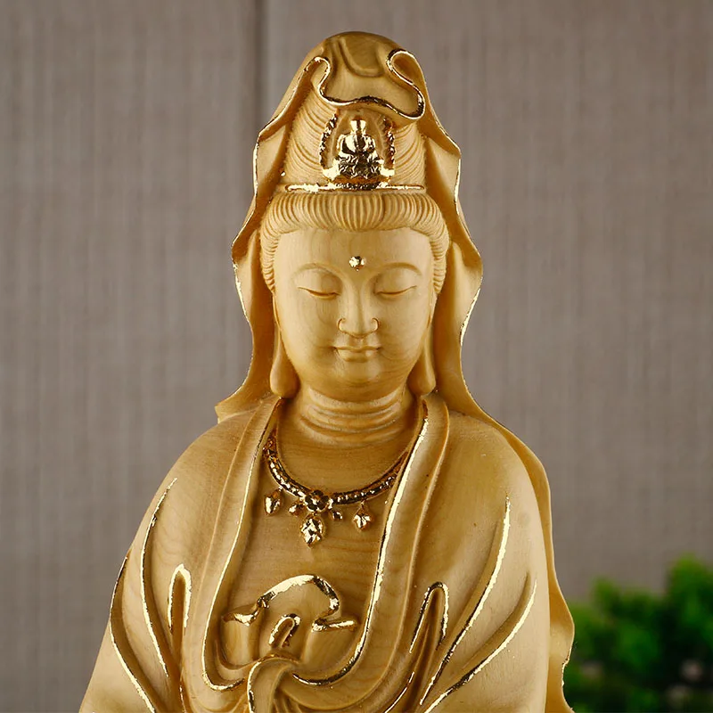 

XS505- 18X5X5 CM Golden Guanyin Buddha Boxwood Sculpture Feng Shui Wood Carving Bodhisattva Statue Collection Ornaments