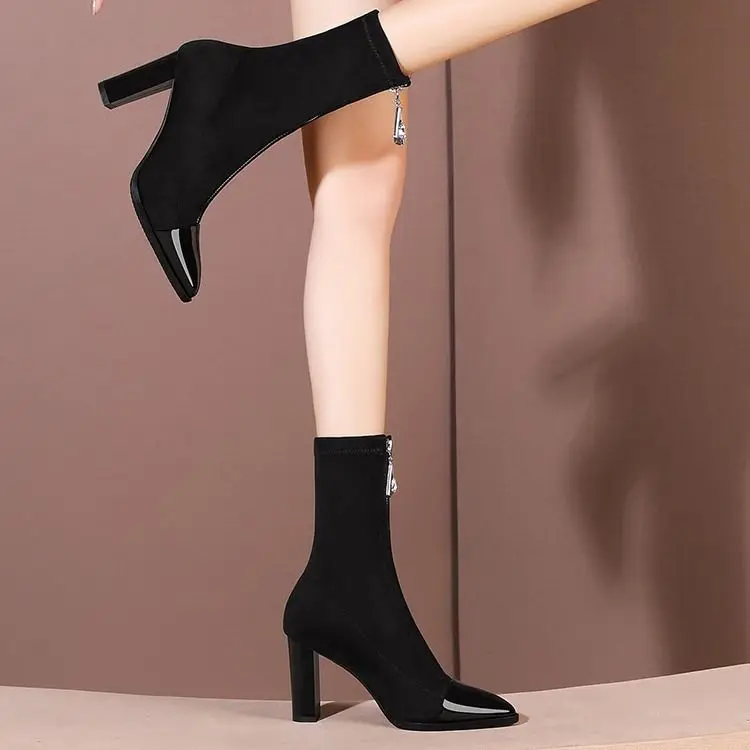 Short boots women spring and autumn knitted socks boots elastic boots fine heels thin skinny boots high heels socks boots women