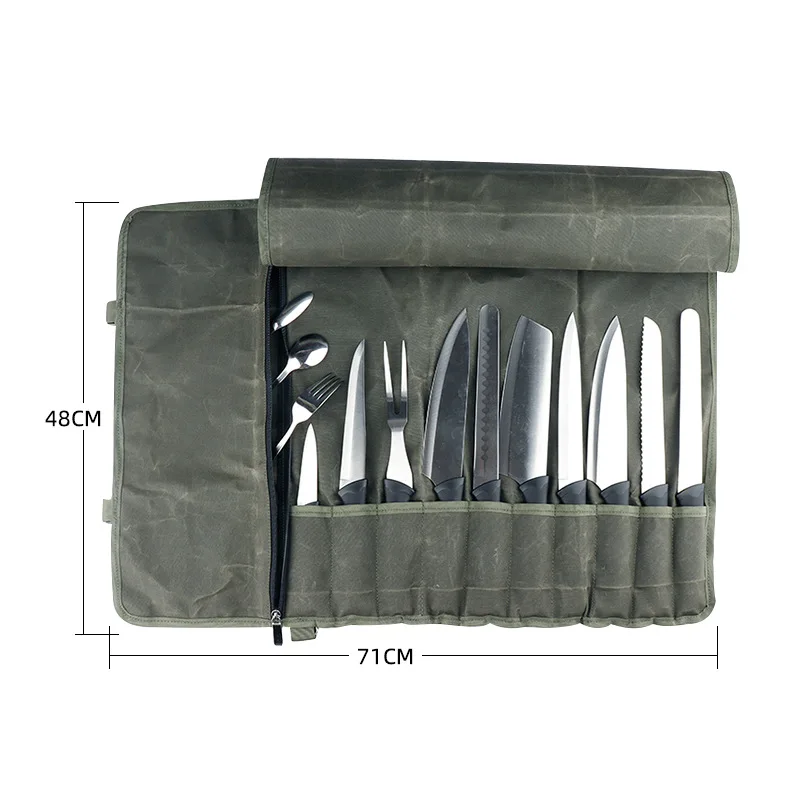 Waxed Canvas Cooking Chef Knife Bag Roll Bag Carry Case Bag Cooking Portable Durable Storage