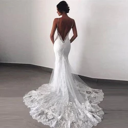 Sexy White Mermaid Wedding Dresses Lace Open Back Spaghetti Straps Appliqued Bridal Gowns Elegant Vintage Vestido Customized