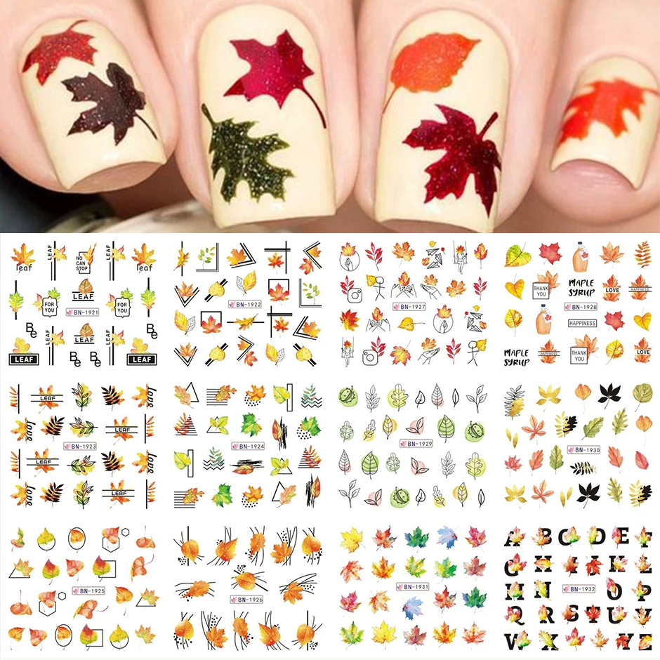 12pcs Golden Maple Leaf Nail Water Decals Geometry Fox Pumpkin Transfer Slider Autumn Design Fall Sticker Manicure NTBN1909-1920