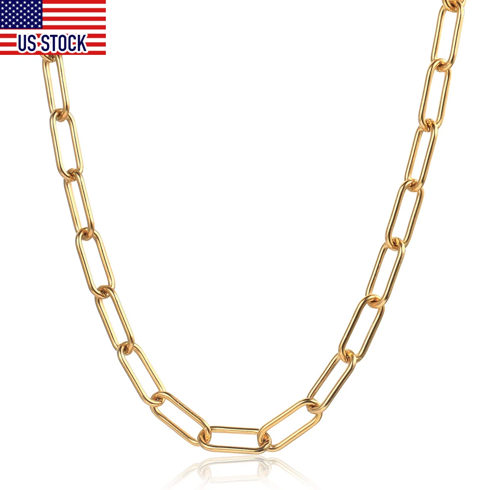 Womens Girls Gold Color 7mm Paperclip Chain Choker Necklace Stainless Steel Cable Link Chain Adjustable Gift Jewelry KN659US