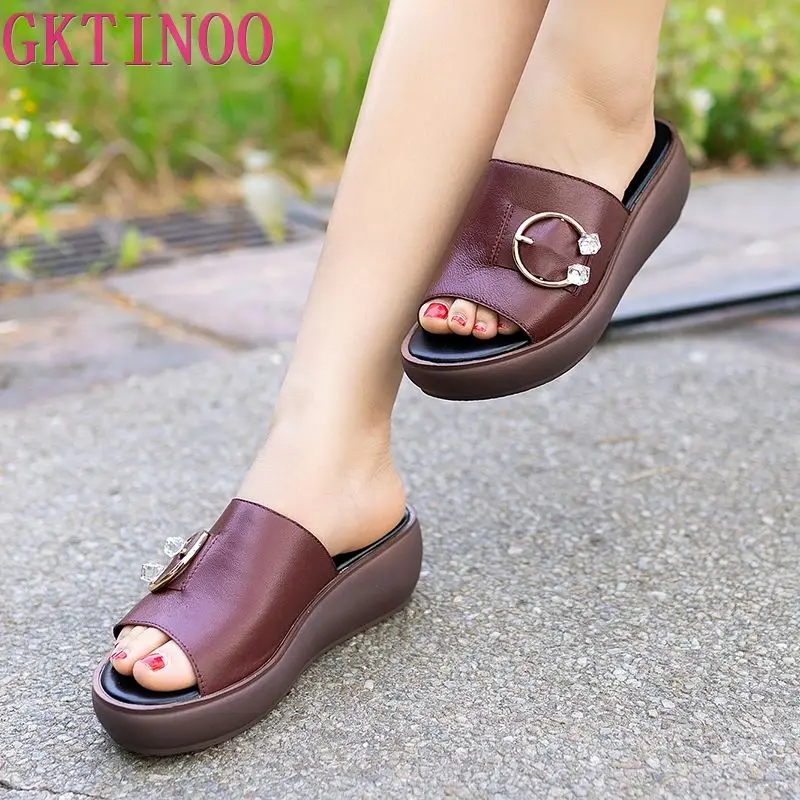 GKTINOO 2024 Slippers Woman Platform Genuine Leather Summer Shoes Fashion Wedges Heels Sandals Women\'s Slides