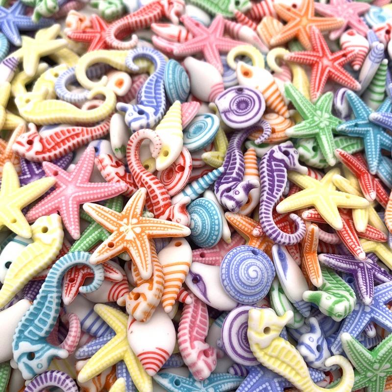 20g Conch Fish Hippocampus Shell Starfish Mixed Plastic Perforation Beads for DIY Jewelry Making Necklace Bracelet Accessorie