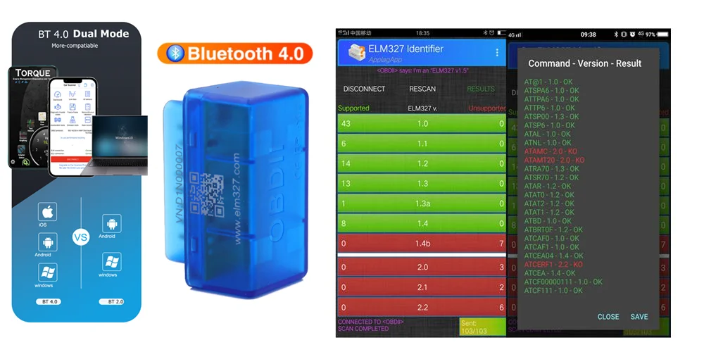 OBD2 Bluetooth Scanner ELM327 V1.5 BT4.0 Works iOS/Androis/Windows ELM 327 Supports 9 Protocols Car Diagnostic Tool