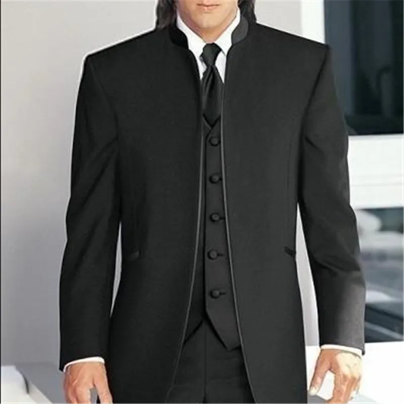 

3 Pieces Black Stand Collar Men Wedding Suits Jacket+Pants+Vest Costume Homme Groom Tuxedos Best Man Bespoke Man Blazer Sets