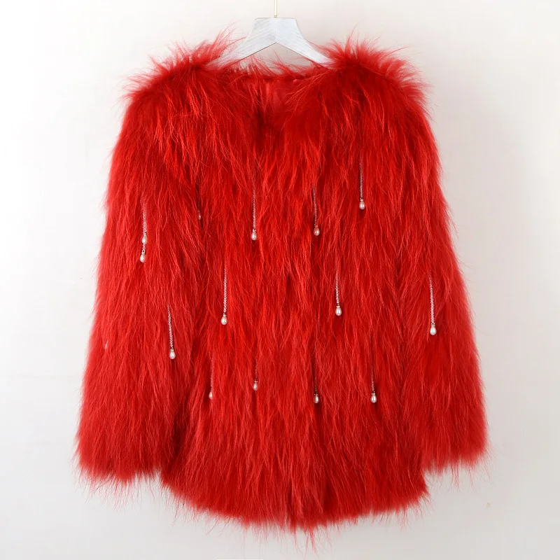 Length 70 cm women knitted real fox fur overcoat new fashion stlye female coat Raccoon fur Hand woven coat beads detachable