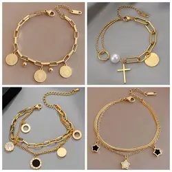 Meyrroyu camadas de aço inoxidável pulseira de pingente de ouro para as mulheres retro punk gótico retrato moeda cruz pulseira de pérolas jóias