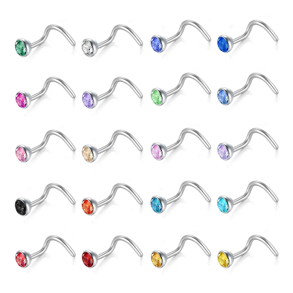 ZS 20pcs CZ Stainless Steel Nose Studs Crystal Lot 20G Nose Piercing Septum Studs For Unisex Body Piercing Fashion Jewelry Women