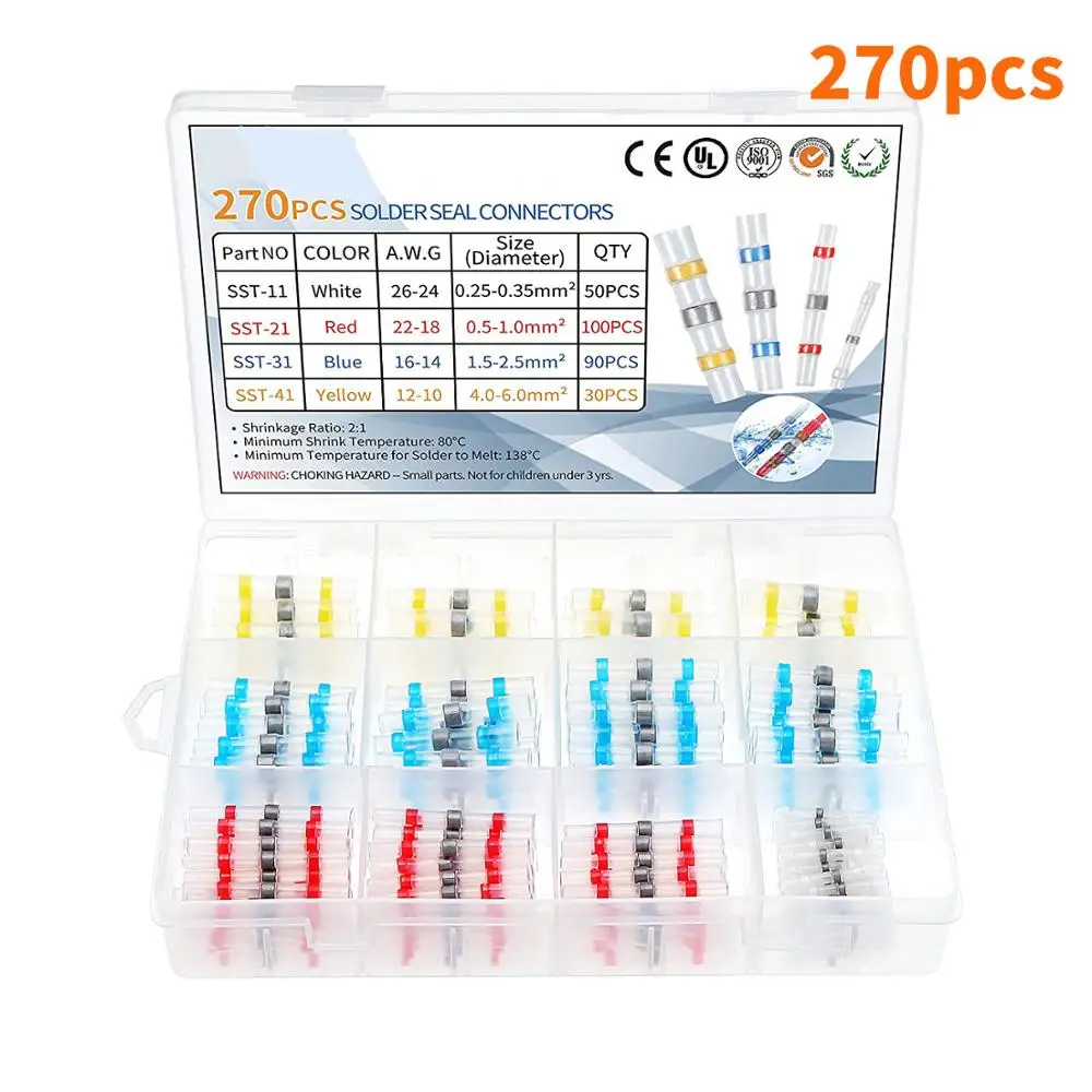 50~350PCS Solder Seal Wire Connectors Kit, Heat Shrink Butt Connectors, Waterproof and Insulated Electrical Wire Terminals