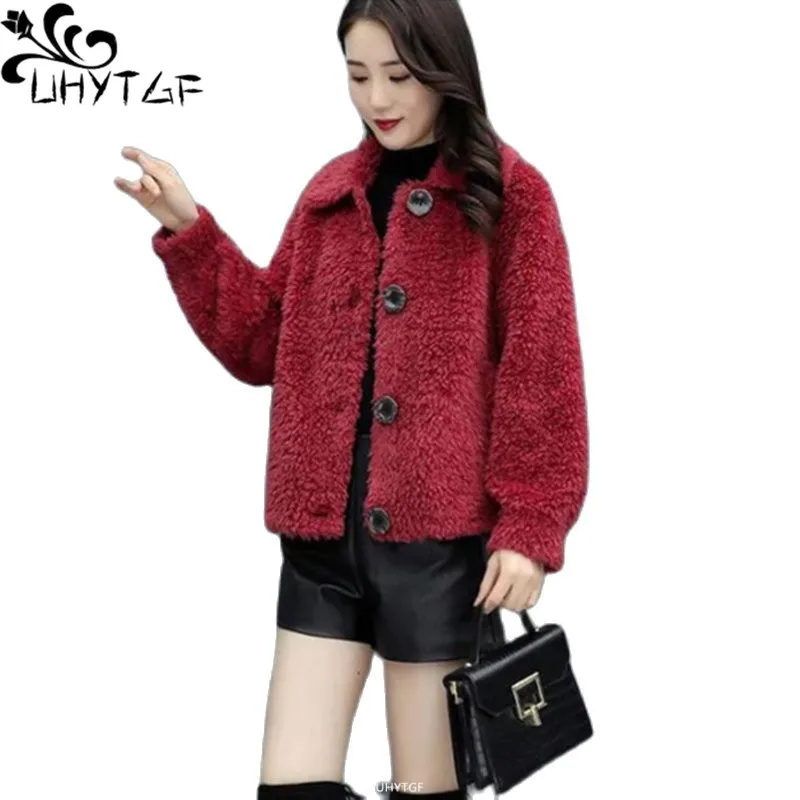 

UHYTGF Women's Winter Jacket Quality Lambswool Fur Coat Long Sleeves Warm Short Outerwear Korean Casual 4XL Loose Size Tops 1594