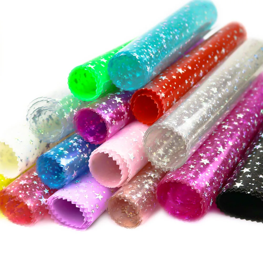 Holografisch schillernder PVC-Vinyl-Sternstoff, transparent, DIY-Schleifenetui, Basteln, Bleistiftbeutel, handgefertigtes Material, Blatt/Rolle