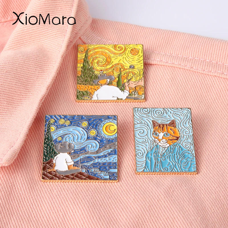 Famous Painting Enamel Pins Cat Self Portrait Wheatfield Star Night Brooches Funny Art Badges Gift for Painter