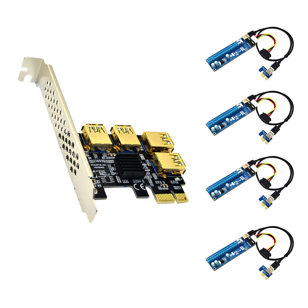 

PCI-E Expansion Card PCI-E Riser Board 4 Ports USB Adapter Card 1 to 4 Riser Card Set, 4pin Expansion Cable