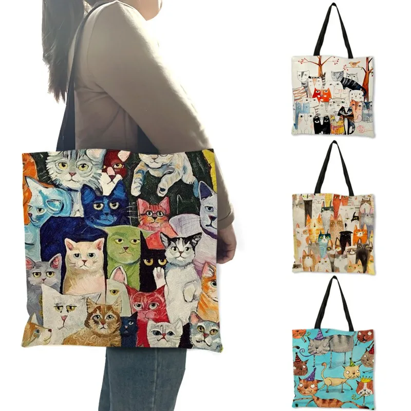 Lovely Pattern Women Totes Cute Cartoon Cats Image Printed Handbag Eco Linen Fashion Traveling Practical Shoulder Bag Lady